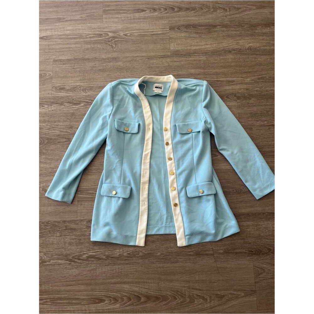 Vintage Leslie Fay Cardigan Sweater Jacket Womens 10 Powder Blue Ivory Shell Top